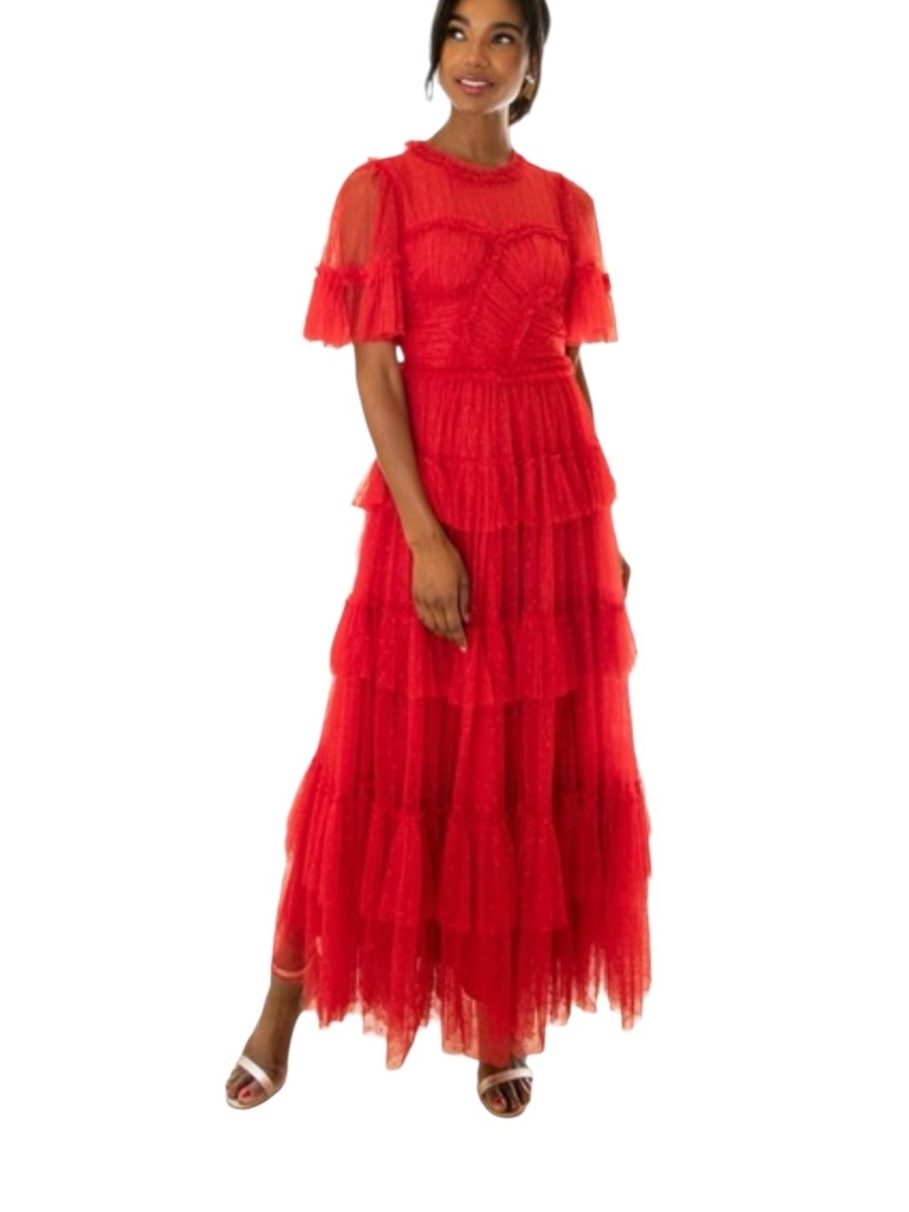 IVY CITY Co Red Tiered Tulle Maxi Dress L Swiss Dot Ruffle Romantic Cottagecore